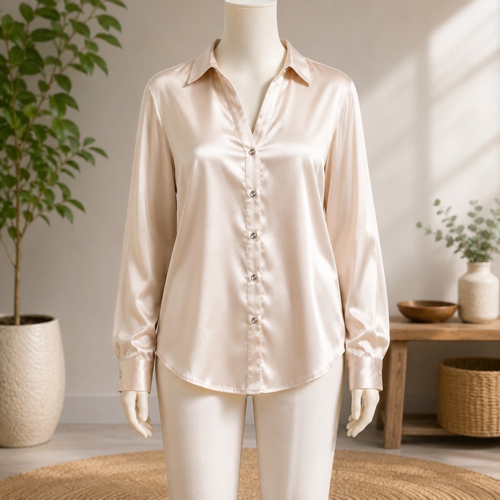 Denim‎ & Co Button Down Blouse Womens XXS Peach Satin Long Sleeve Pearl Buttons